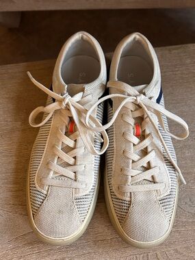 Rothy’s lace up washable Knit Sneakers in Cream with Navy Accent